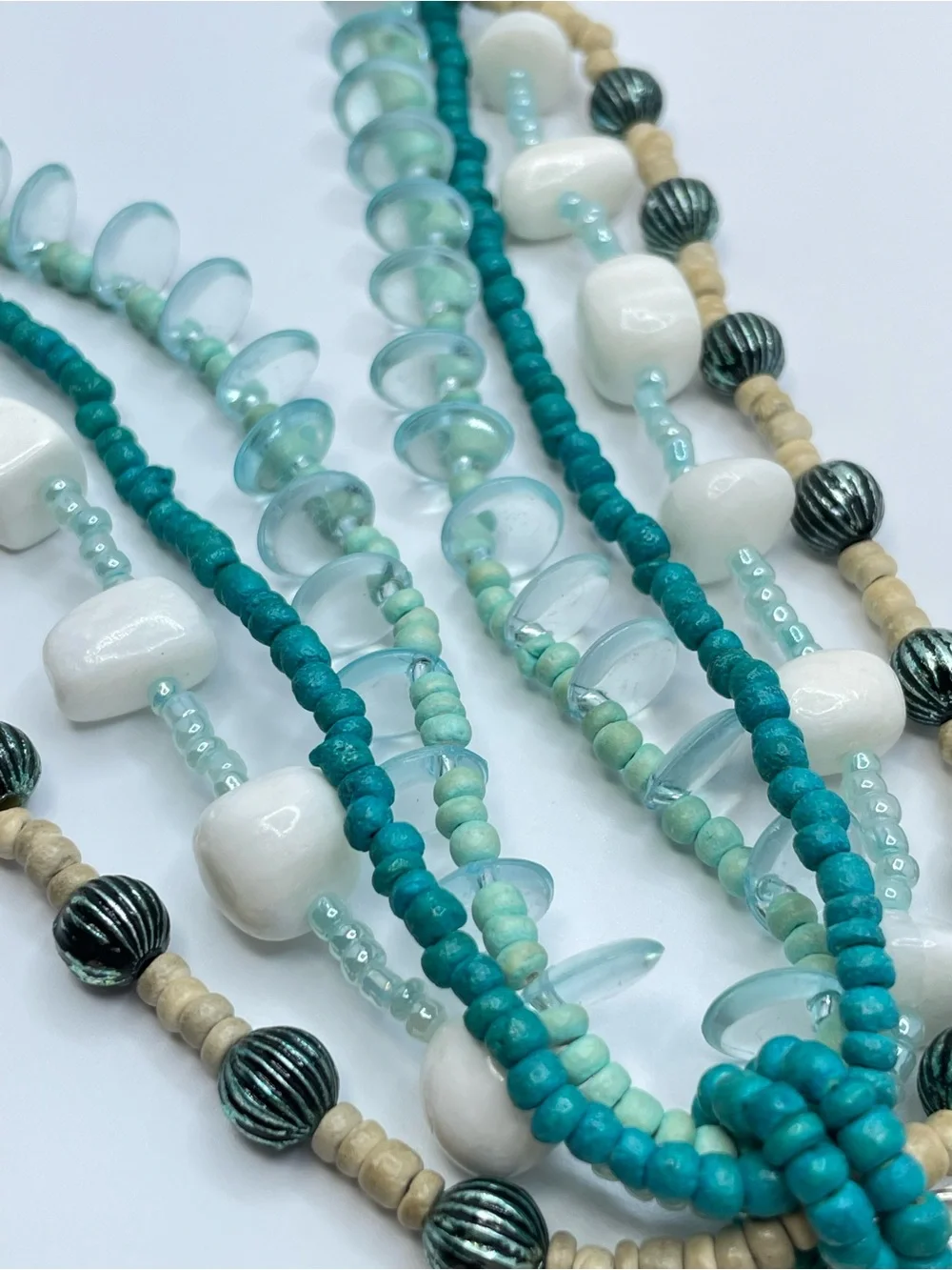 Mother Of Pearl Disc Multi Strand Beaded Beach Statement Necklace Boho Bold
